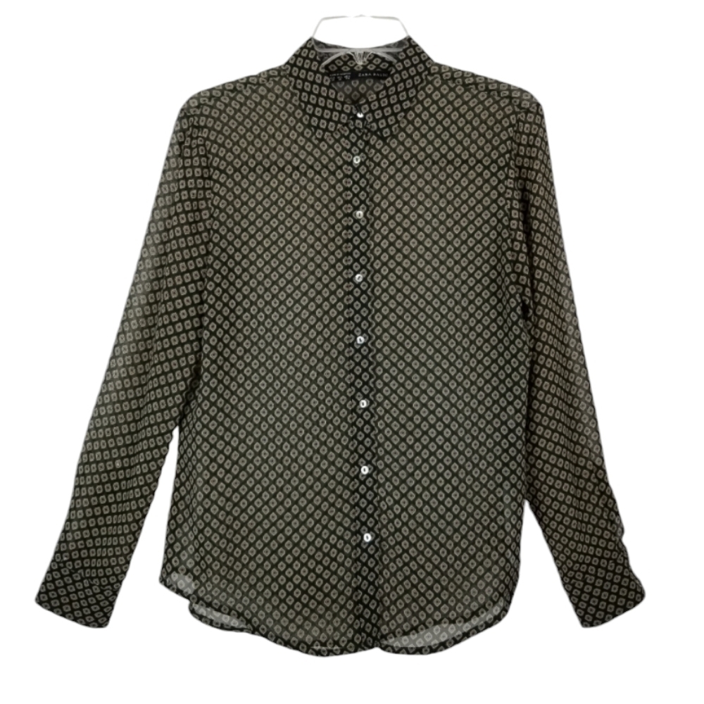 Zara Basic Sheer Print Button Up Blouse Womens Geometric Green Tan Size Medium